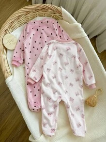 2 件套新生儿女孩可爱猫咪和心形印花罗纹领前拉链长袖连脚柔软保暖羊毛连体衣睡衣，适合秋冬季 - 粉色 - 查看 2