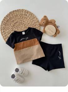 Baby Boy Letter Graphic Colorblock Tee & Shorts