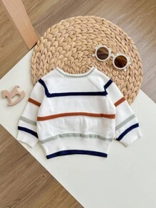 SHEIN Newborn Baby Boy/Girl Cute Versatile White Knitted Striped Long Sleeve Sweater, Autumn/Winter
