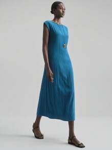 Ontre Novas roupas femininas de 2025, vestuário outono/inverno, roupas para todas as estações, trajes de inverno, looks de volta às aulas, Halloween e Natal, trajes femininos para professoras, trajes para eventos sociais, vestidos para saídas à noite, vestidos para convidadas de casamento, vestidos elegantes para convidadas de casamento, trajes para igreja, trajes casuais femininos para negócios, básicos versáteis, vestido longo texturizado minimalista de cor sólida casual de verão - Azul - Ver 1