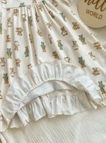 Bé Gái Dễ Thương ASlouchylouchy Họa Tiết Gấu Dệt Kim Váy Ngủ Có Đường Viền Cổ Bong Bóng Và Viền Ruffle Viền - Màu Khaki - Xem 7