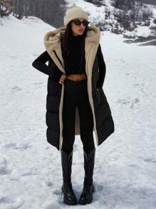 EURMUSE Clasi Two-Tone Reversible Padded Zipper Front Pockets Drawstring Hood Vest Jacket - Multicolor - View 3