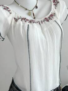 Elamini 女式刺绣露肩休闲衬衫 - 白色 - 查看 5