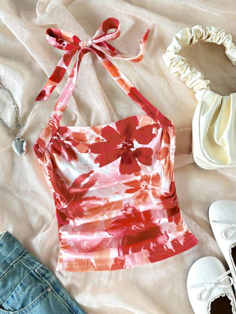 SHEIN Tween Girls' Ribbed Knit Halter Racerback Crop Top, White Textured Fitted Vest For Summer Vacation, Orange Floral Print