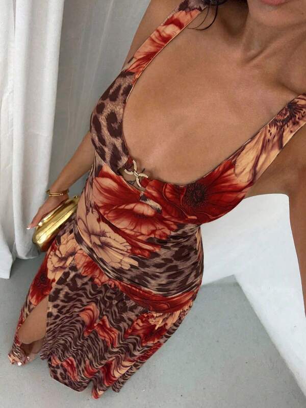 Glamine Leopard Blumenmuster Damen Langes Kleid, dehnbarer Jersey Stoff, sexy elegantes Strandkleid für Sommerurlaub - Blumenmuster zufälliger Herbst Damenbekleidung Schulanfang