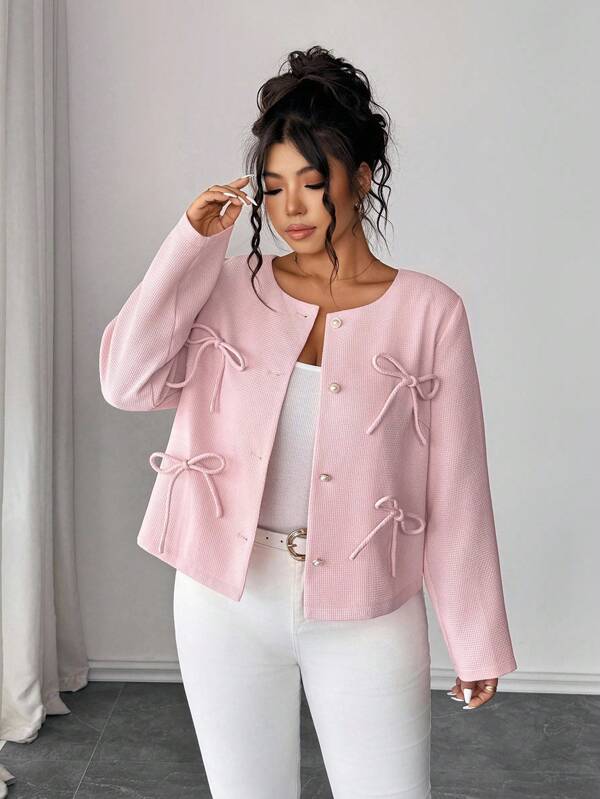 SHEIN CURVE+ Plus Size Solid Color Round Neck Long Sleeve Bow Decor Single-Breasted Jacket Coat