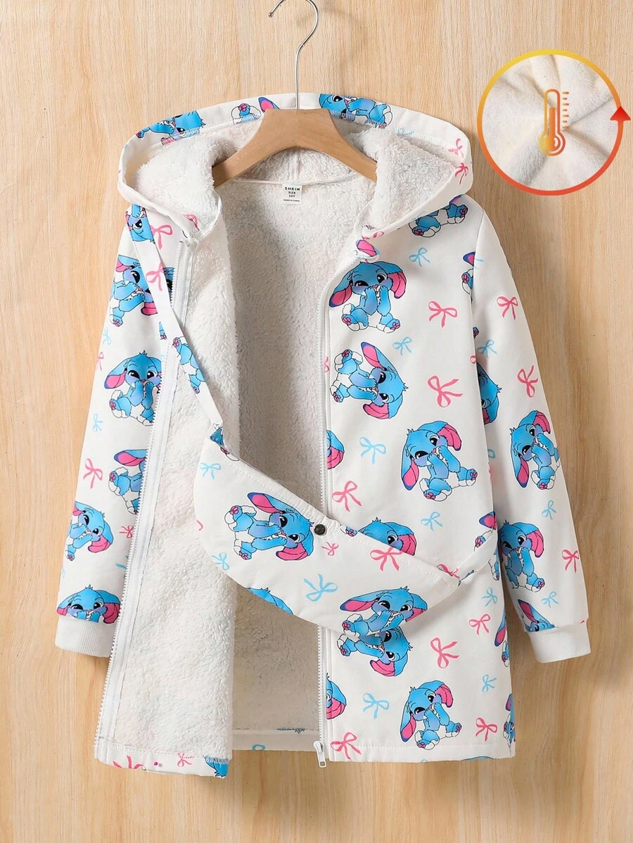 女孩卡通印花夹克，搭配斜挎包，蓬松米色，休闲日常穿着，秋冬 - 彩色 - 查看 1