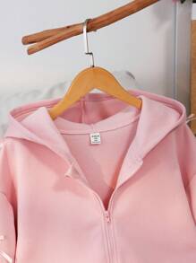SHEIN Teenage Girls' Solid Color Fashionable Bow Sweatshirt Jacket, Comfortable Fleece Sweatshirt Fabric, Stylish Sleeve Design, Overall Youthful And Energetic Girl Style, Suitable For Back To School Season Or Everyday Outdoor Wear Fall Winter - Pink - View 3