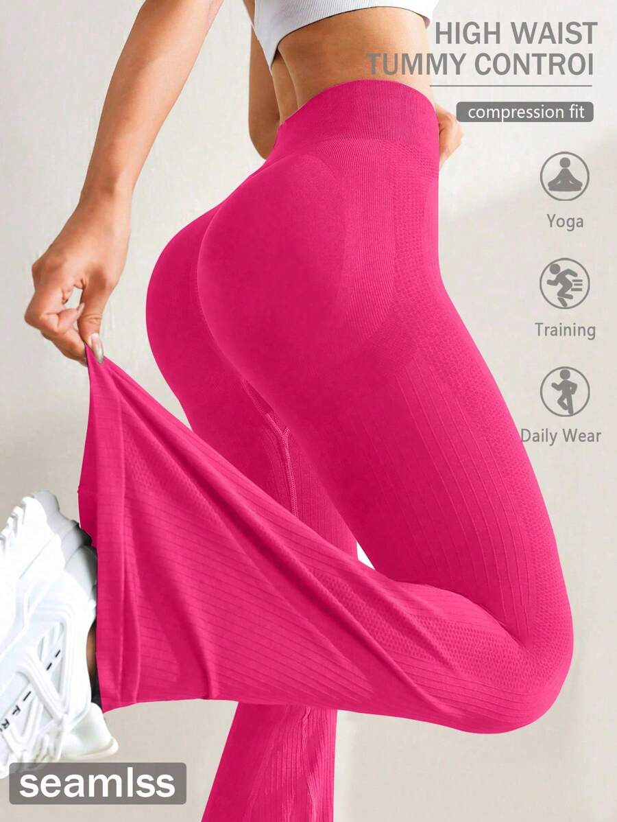 SHEIN Sports High Waist Slimming Flare Yoga Pants - Hot Pink - View 1