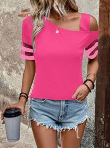 SHEIN LUNE Camiseta casual de vacaciones para mujer con cuello asimétrico, manga corta y parches de malla
