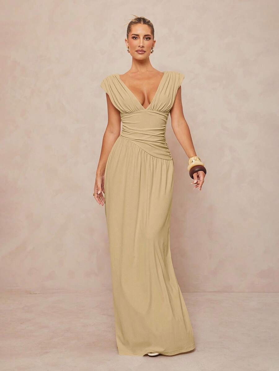 Lumalex Váy thời trang gợi cảm cổ chữ V sâu màu trơn dành cho nữ - Màu Khaki - Xem 1