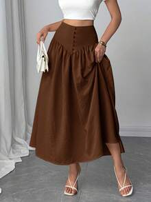 Firerie 新款休闲百搭轻薄仿亚麻喇叭裙，夏日度假波西米亚风优雅休闲裙 - 棕色 - 查看 4
