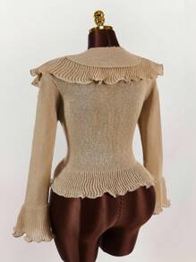 SHEIN CURVE+ Áo khoác cardigan tay loe bèo nhún cỡ lớn thời trang thu đông cho nữ phong cách mới, thời trang, gợi cảm, ngọt ngào, cỡ lớn - Màu Khaki - Xem 9