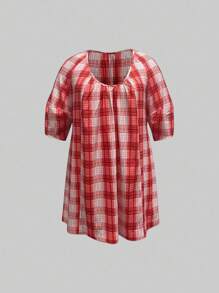 INAWLY Damen Große Größen Kariertes Kleid mit V-Ausschnitt, Puffärmeln und locker geschnittenem lässigen Stil für den Sommer - Rot - Übersicht 1