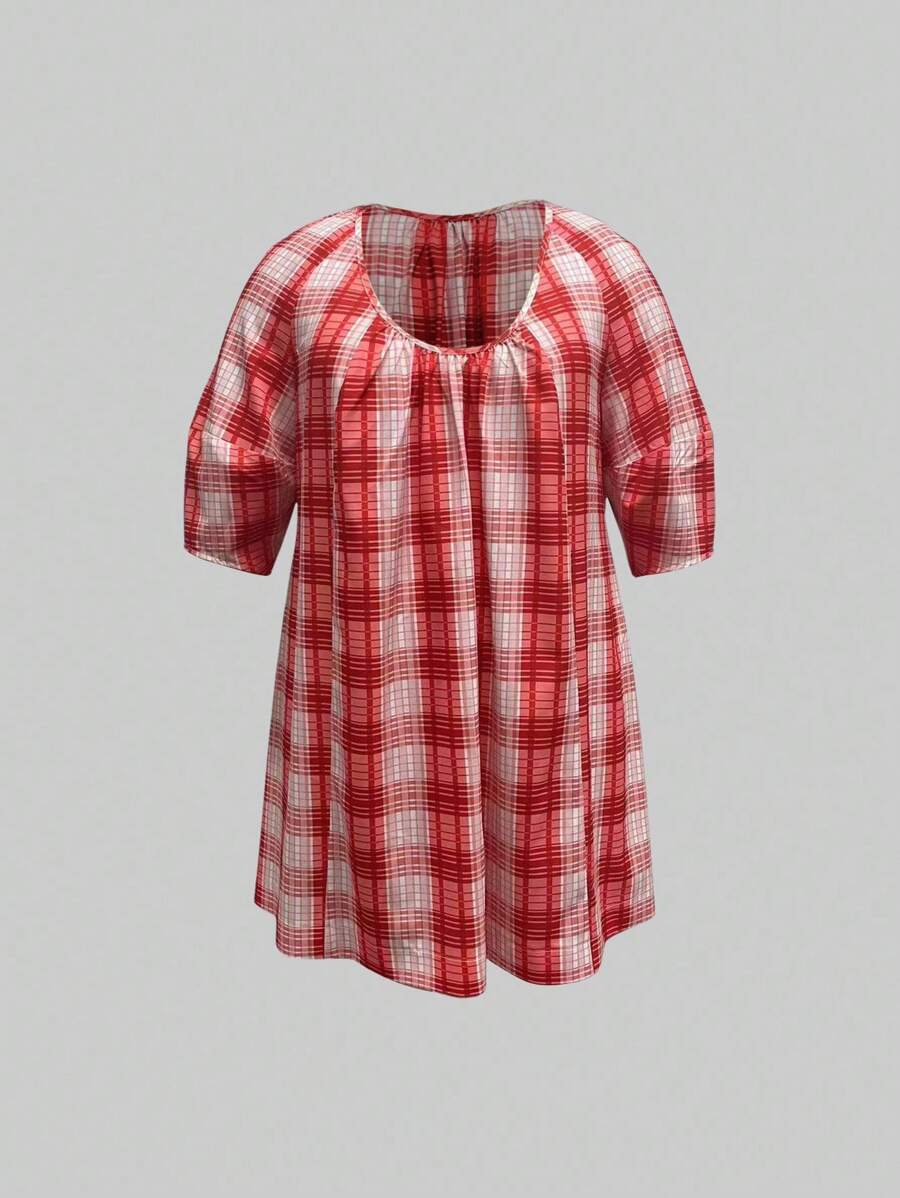 INAWLY Damen Große Größen Kariertes Kleid mit V-Ausschnitt, Puffärmeln und locker geschnittenem lässigen Stil für den Sommer - Rot - Übersicht 1