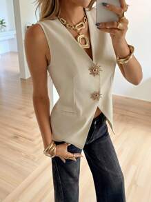 Siren Gaze Áo vest mỏng trang trí khóa kim loại cho nữ mùa thu/đông - Màu be - Xem 5