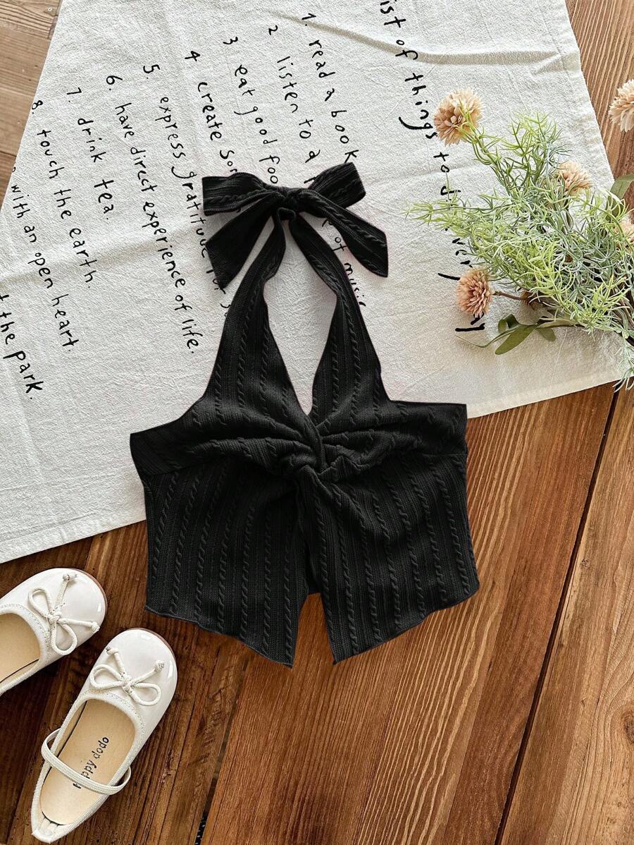 SHEIN LMoss Kids 年轻女孩休闲时尚百搭纯色针织吊带背心 - 黑色 - 查看 1
