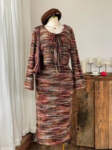 SHEIN EZwear Vintage Boho Style Colorful Striped Knit Spaghetti Strap Maxi Dress And Tie-Up Cardigan Set, Plus Size - Multicolor - View 8
