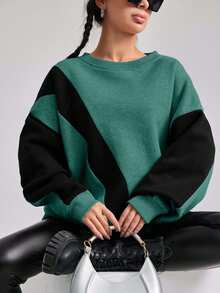 EURMUSE Cotton Colorblock Drop Shoulder Sweatshirt - Mint Green - View 5