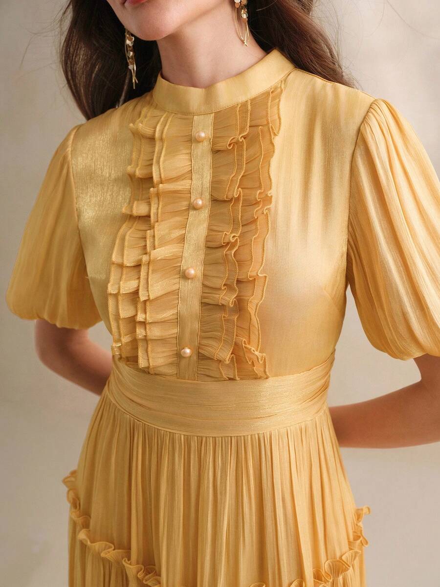 Anewsta 女士长裙，夏季款式，荷叶边设计，优雅百搭，适合节日和假日穿着 - 黃色 - 查看 1