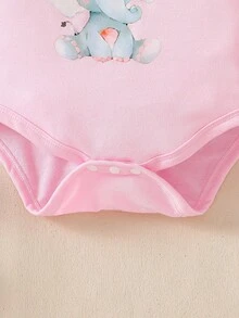 SHEIN 2件套女婴休闲信封领可爱大象印花连体衣套装，秋季女婴连体衣新生儿女童服装大象秋冬 - 粉色 - 查看 6