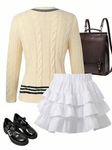 SHEIN 女童针织毛衣，简约时尚学院风，经典麻花图案，精致刺绣细节，V领，适合秋冬 - 米色 - 查看 2