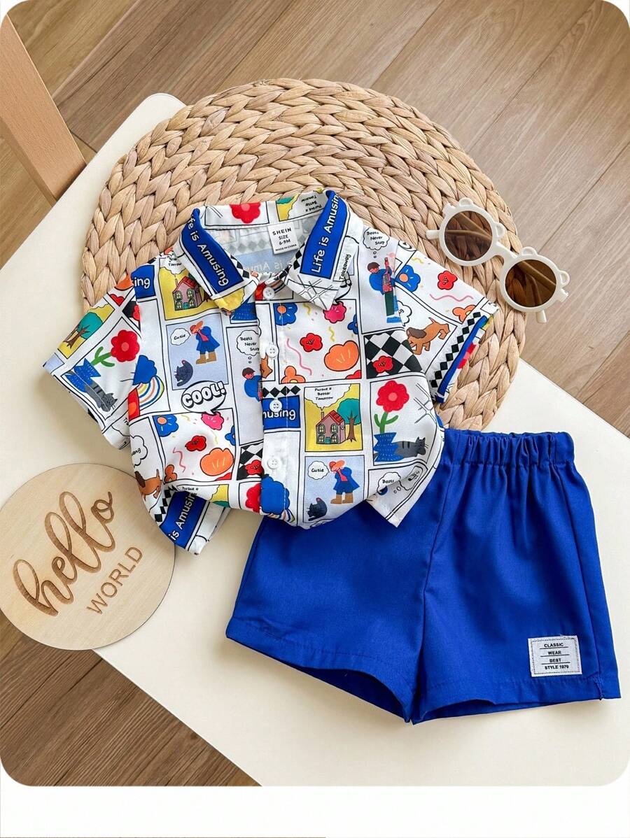SHEIN 2 件套婴儿男童/女童休闲百搭可爱卡通图案短袖 Polo 衫和松紧腰短裤适合夏季、春夏穿着