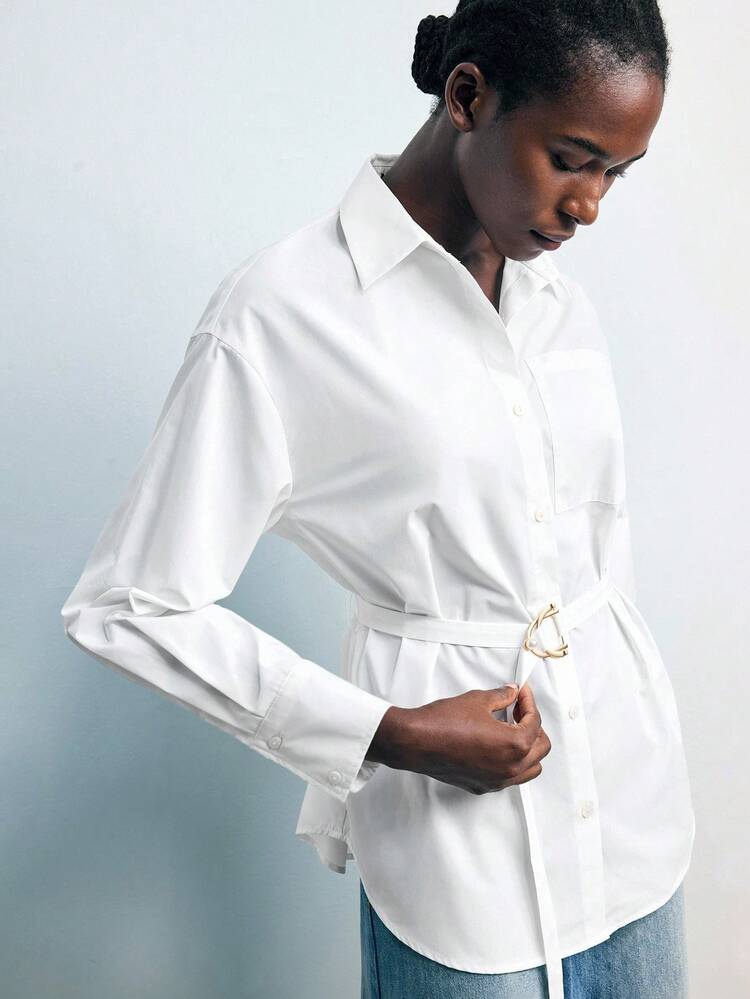 SHEIN Maija Women's Waist Cinching Design Versatile Modern Urban Fashionista Essential Comfortable Shirt Collar Dropped Shoulder Long Sleeve Loose Waist Belt Design Chest Pocket Accent Business Casual Office Wear Low-Key Vintage Vibe High-End Aesthetic Urban Commuter Editor's Pick Social Event Resort Party Charming Women's Shirt Modern Urban Casual Fashion Business Casual Women's Office Wear Low-Key Old Money Style Effortless Temperament High-End Urban Commuting Fall Women Clothes Street Style, Sophisticate