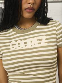 COUREZ Short Sleeve Stripe T-Shirt With Brand Applique /Y2K Women Cute Tops Going Out Graphic Tees Stripes - Green - View 5