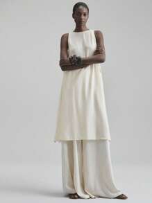 Ontre Áo midi cổ tròn không tay bằng vải lanh pha len dành cho nữ, xẻ cao, dáng rộng, thời trang, thích hợp mặc vào mùa xuân/hè, mặc hàng ngày, màu mơ - Màu be - Xem 5