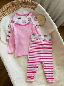 Bộ đồ ngủ dài tay cổ tròn mềm mại và ấm áp họa tiết sữa, bánh quy và sọc cho bé gái - Hồng - Xem 2