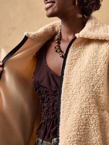 Bóhologie Women's Faux Shearling Coat, Zip-Up Front, Buckle Neckline, Contrast Piping, Oversized Teddy Jacket, Zipper Closure, Faux Leather Trim, Longline Fit, Sherpa Fleece Coat, Stand Collar, Adjustable Hem, Cozy Fit - Beige - View 6