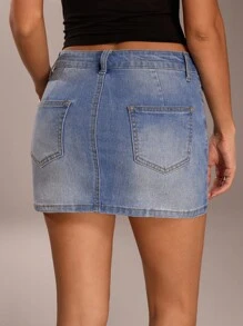 SHEIN Forever 21 Váy mini denim xanh nhạt thường ngày có túi cho nữ - Rửa nhẹ - Xem 2