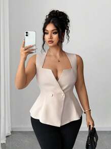 Elenzga Áo khoác cardigan cổ thấp hai hàng khuy trơn màu cỡ lớn dành cho nữ, kiểu áo cánh thanh lịch và duyên dáng - Màu be - Xem 7