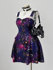 Flirla Váy midi trễ vai in họa tiết bầu trời đầy sao thời trang đa năng mới cho ngày lễ, trang trí eo xếp nếp có khóa kéo phía trước dành cho nữ, trang phục rave - Nhiều màu - Xem 7