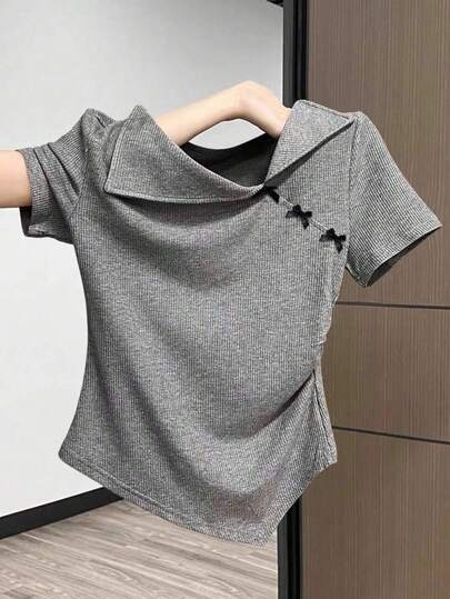 SHEIN LUNE Plus Size Women's Casual Asymmetrical Bow Decor T-Shirt, Summer Elegant Bow Decor Going Out Lapel Short Sleeves Slim Asymmetrical Hem Classic Elegant T-Shirt