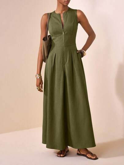 Veslaya 2026早春新款加大码女装音乐节、复活节、西式休闲度假邮轮旅行海滩假日日光浴网红假日郊游优雅派对高端圆领修身无袖拉链A字连衣裙