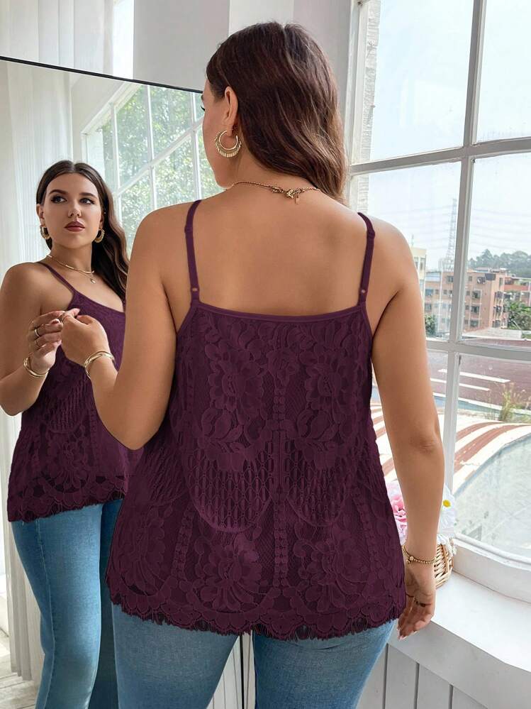 Reflora Plus Size Summer Casual Solid Color Lace Camisole Lace Tank Top - Maroon - View 2
