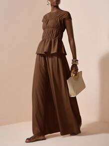 Zivah 2025 年夏季新品，音乐节，毕业季，学院风，学生装，日常休闲，度假，海滩，日光浴，街头服饰，杏色纹理面料，褶皱感圆领短袖荷叶边衬衫和阔腿裤两件套