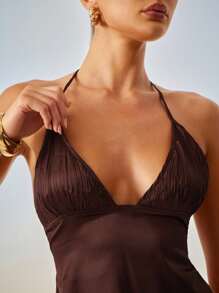 Hauture 性感夏季外出度假褶皱胸围露背吊带背心 - 咖啡棕 - 查看 2