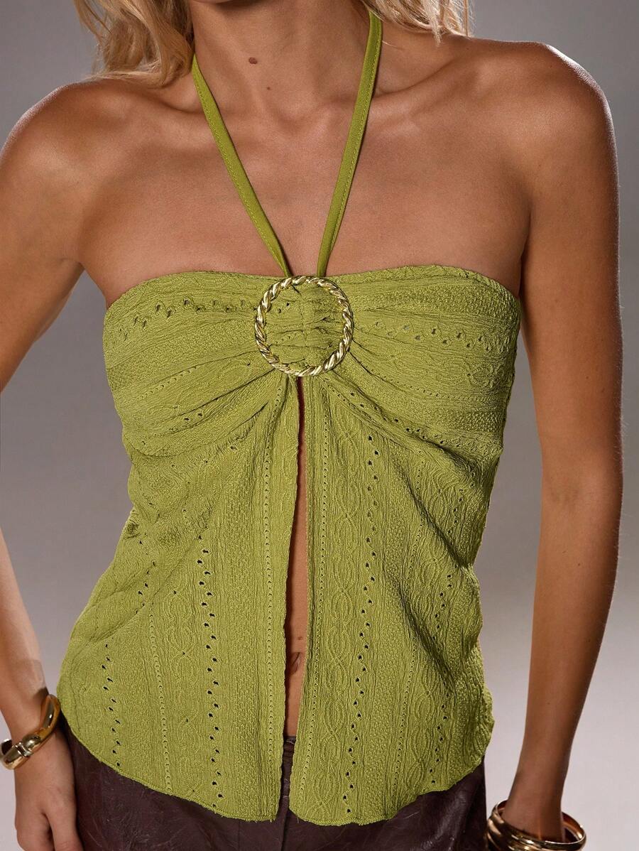 TRNVIE 优雅金色装饰纽扣吊带背心，女式，春夏季 - 杏色 - 查看 1