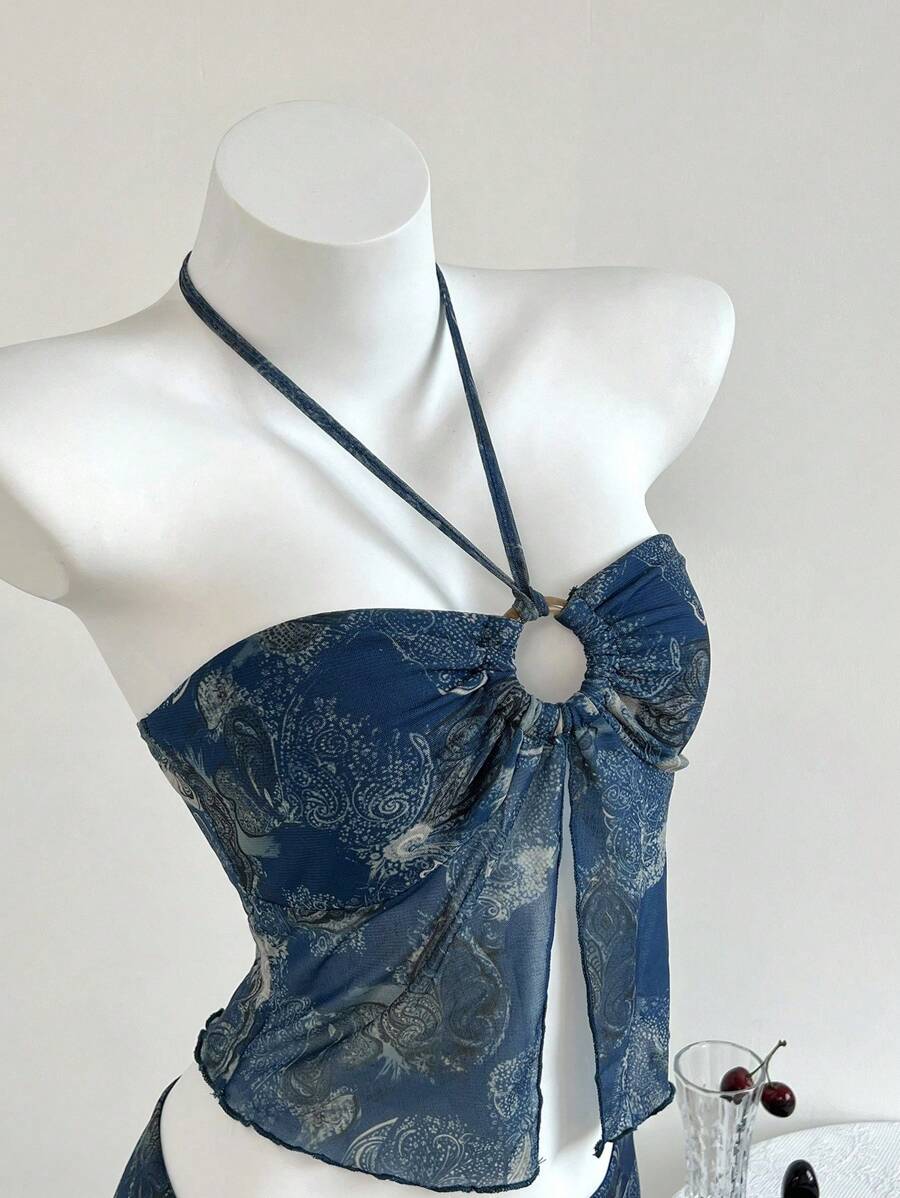 Elamini Bộ 2 chiếc/bộ áo liền quần in họa tiết hoa hạt điều xanh và váy ngắn buộc dây bên hông, dành cho ngày lễ tình nhân, kỳ nghỉ, trang phục miền Tây mùa hè, trang phục đi biển, trang phục ngày lễ, mùa xuân/hè - Màu xanh lam - Xem 1
