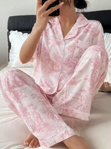 女士印花翻领短袖睡衣套装 - 淺粉色 - 查看 5