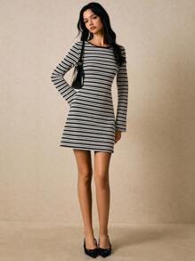 Poéselle 女式条纹圆领长袖休闲迷你连衣裙 - 黑與白 - 查看 6