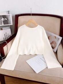 SHEIN Tween Girl Casual Fashion Cute Sweet V-Neck Loose Knit Cropped Sweatshirt With Bow Decor,In Fall/Winter