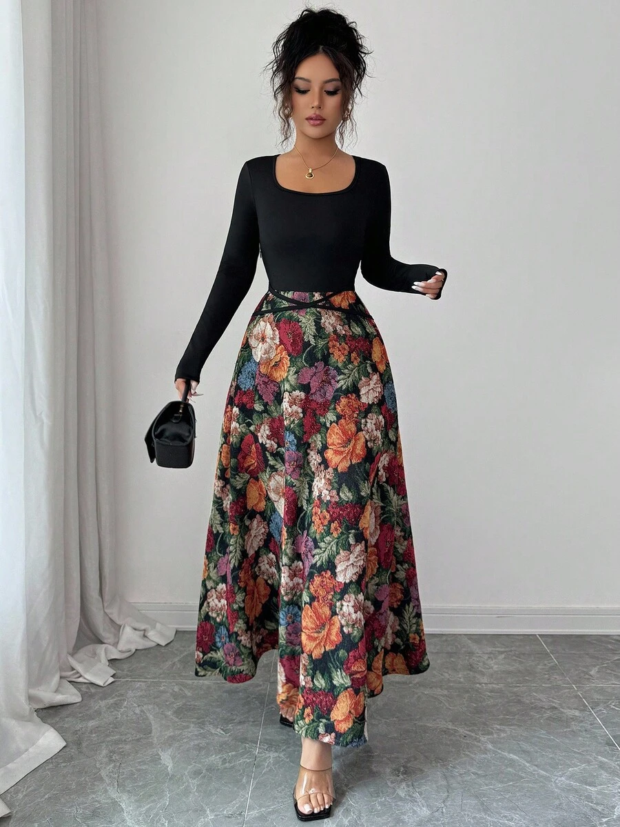 Elenzga Váy chắp vá hoa jacquard thanh lịch dành cho nữ - màu đen - Xem 1