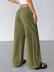 SHEIN PETITE 女士纹理简约宽松阔腿裤 - 軍綠色 - 查看 2