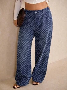 Elaquor Plus Size Oversized Blue Jeans High Waist Straight Jacquard Jeans Comfortable Elastic Waistband French Old Money Style Fall Women Clothes Wide Leg Pants - Dark Wash - View 6