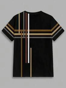 Manfinity Homme 简约多色块拼接撞色时尚休闲全身印花男式标准版型短袖T恤 - 黑色 - 查看 5