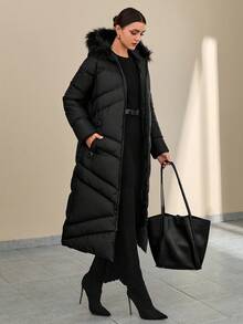 CLARA VERO Fashionable Elegant Solid Color Faux Fur Hooded Long Coat, Versatile For Winter Long Winter Coat Women Women's Winter Coats Everyday Going Out Black - Black - View 1